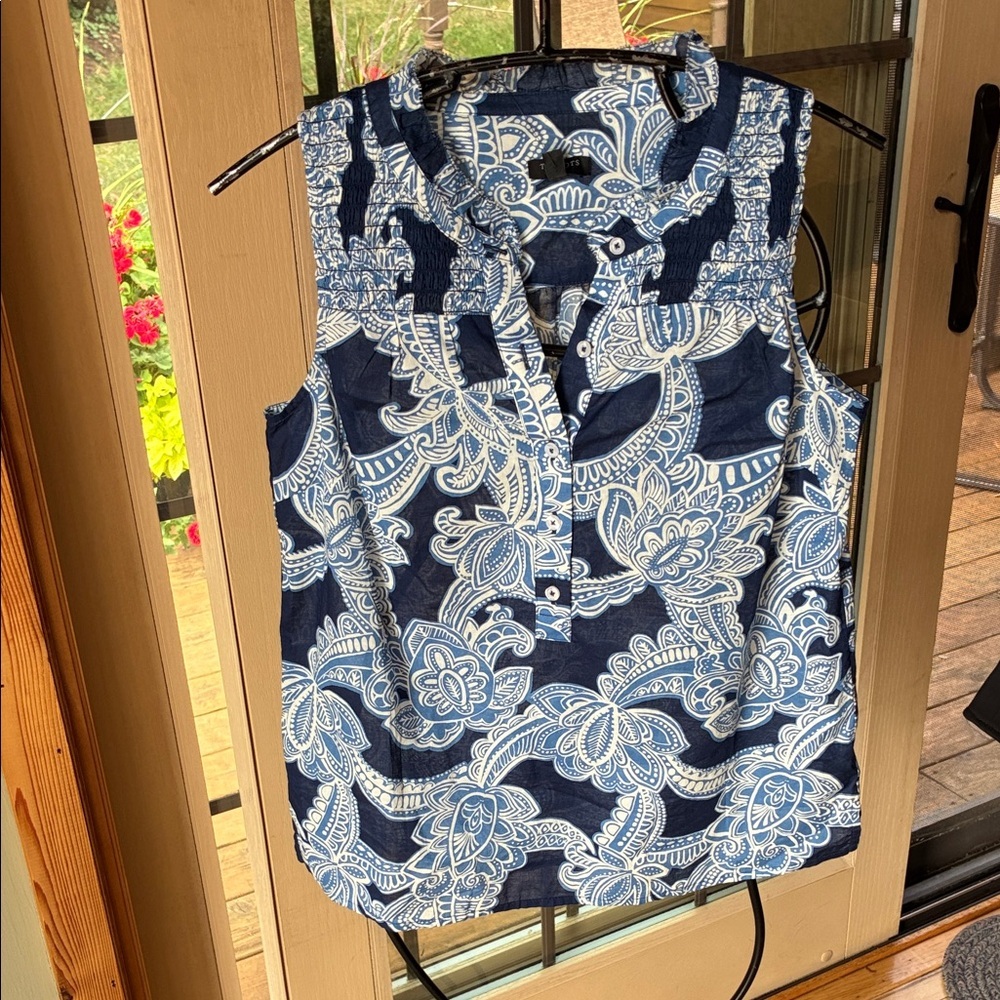 Talbots Petite P Blue White Paisley Cotton Sleeveless Smocked Ruffle Top NWT